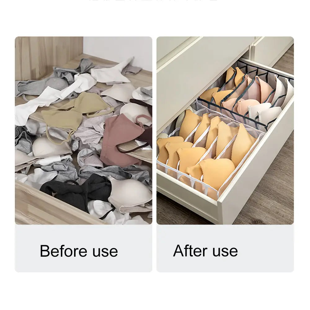 drawer divider organizer for underwear bra and socks with clear plastic compartments and black mesh dividers for organized bra storage.