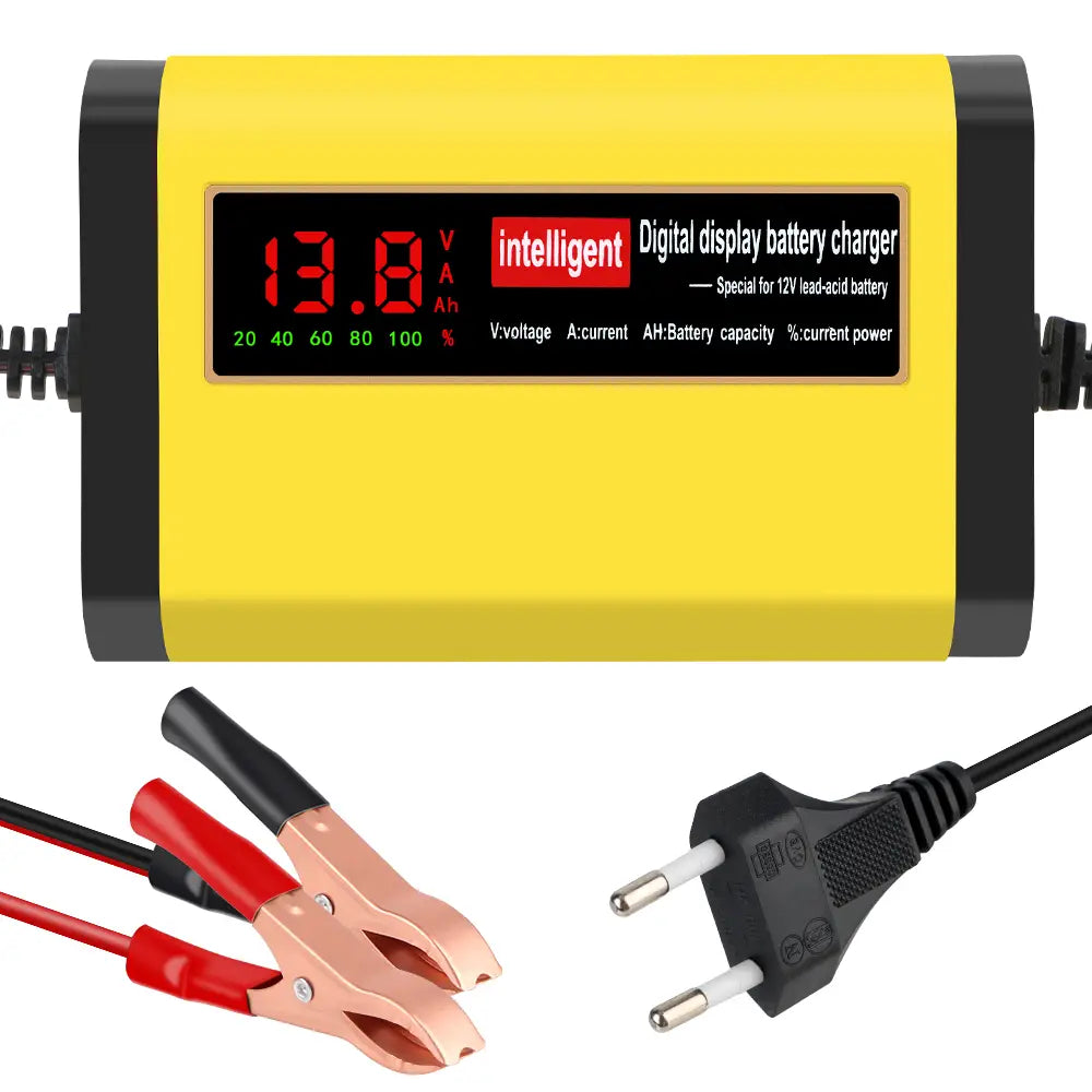 Cargador inteligente para batería de automóvil de 12 V amarillo y negro, con pantalla digital inteligente e indicador LED rojo para baterías de plomo-ácido de 12 V, incluidas las de tipo AGM y gel.