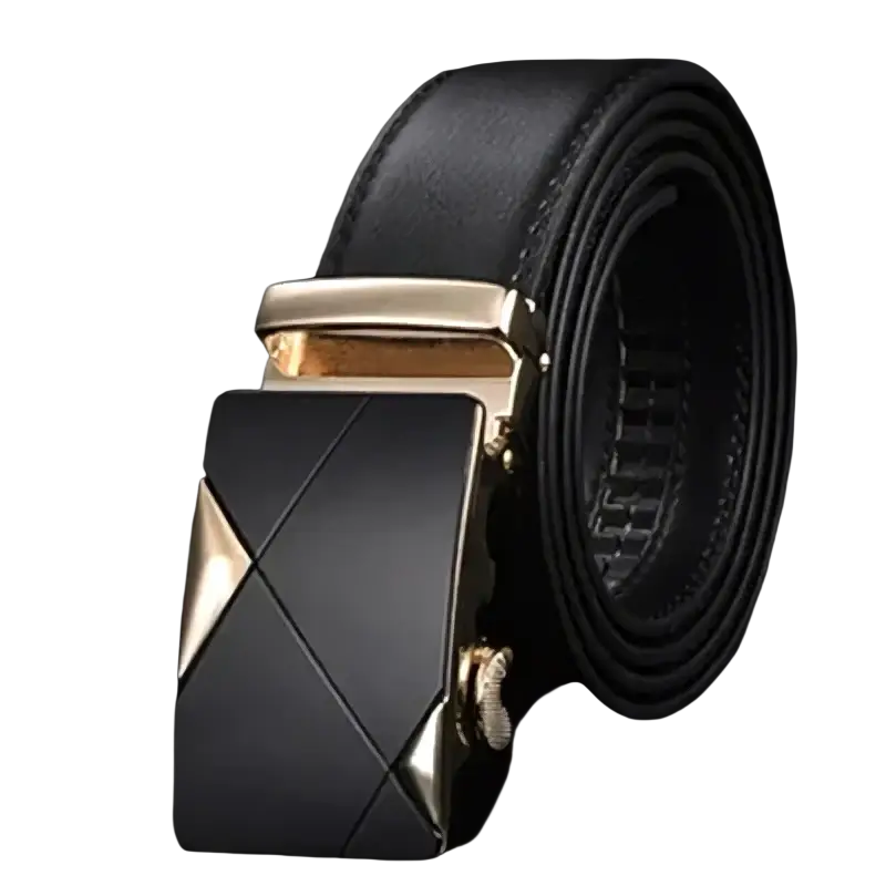 Jifanpaul mens genuine leather belt with black strap and automatic buckle featuring gold-tone geometric patterns