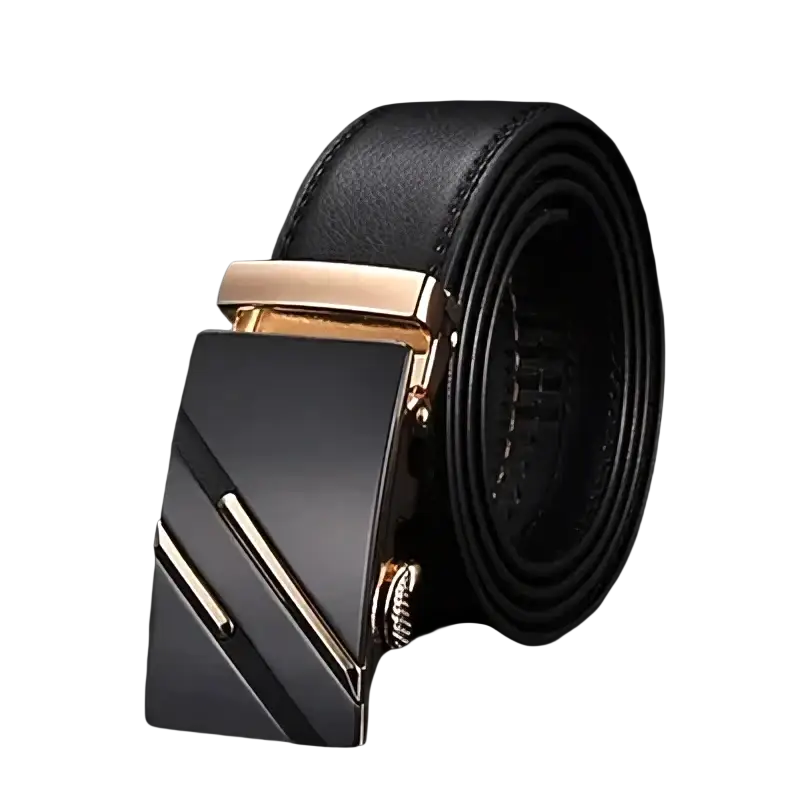 Jifanpaul mens genuine leather automatic buckle belt in black with a sleek modern buckle and gold-tone diagonal accents