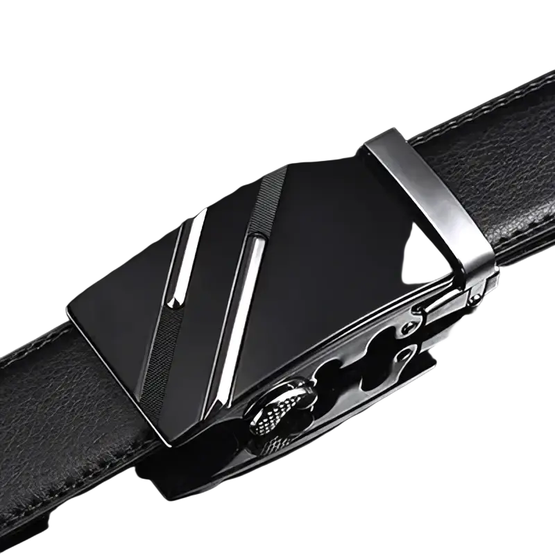 Jifanpaul mens genuine leather black belt with sleek modern automatic buckle featuring silver-toned diagonal stripes