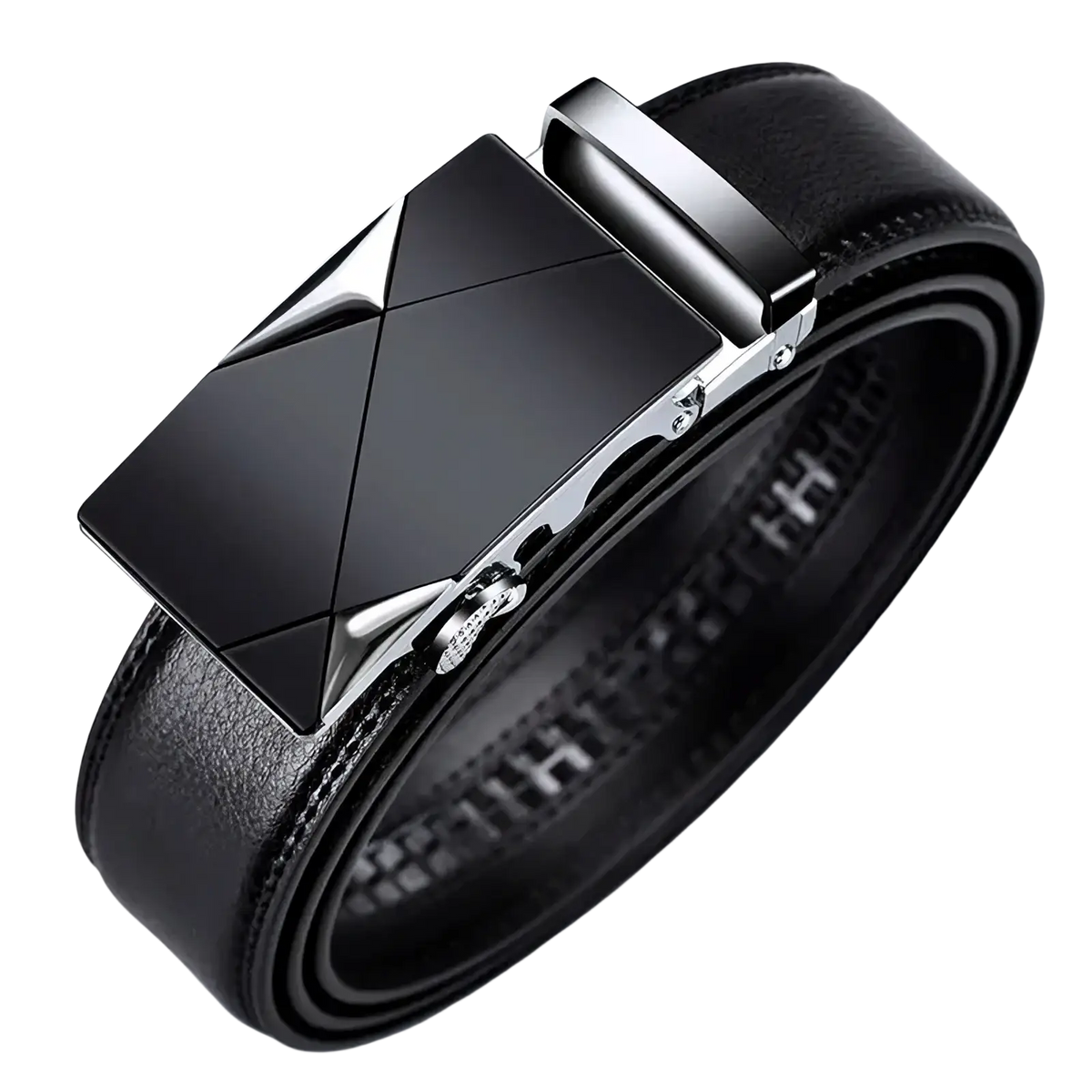 Jifanpaul mens genuine leather belt with black leather strap and black silver geometric automatic buckle