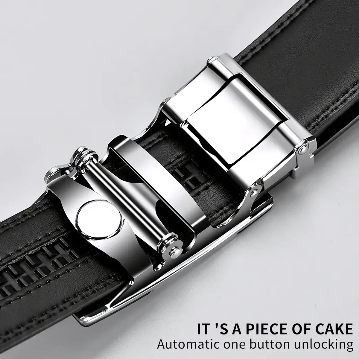 Jifanpaul mens genuine leather belt in black with a sleek silver-toned automatic one-button buckle