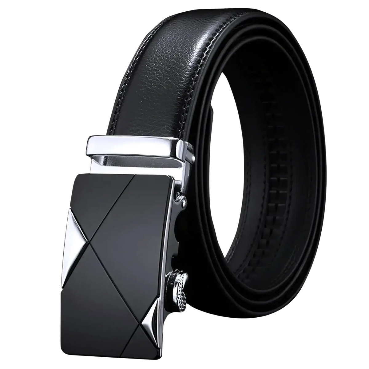 Jifanpaul mens genuine leather belt with black leather and a sleek geometric silver and black automatic buckle