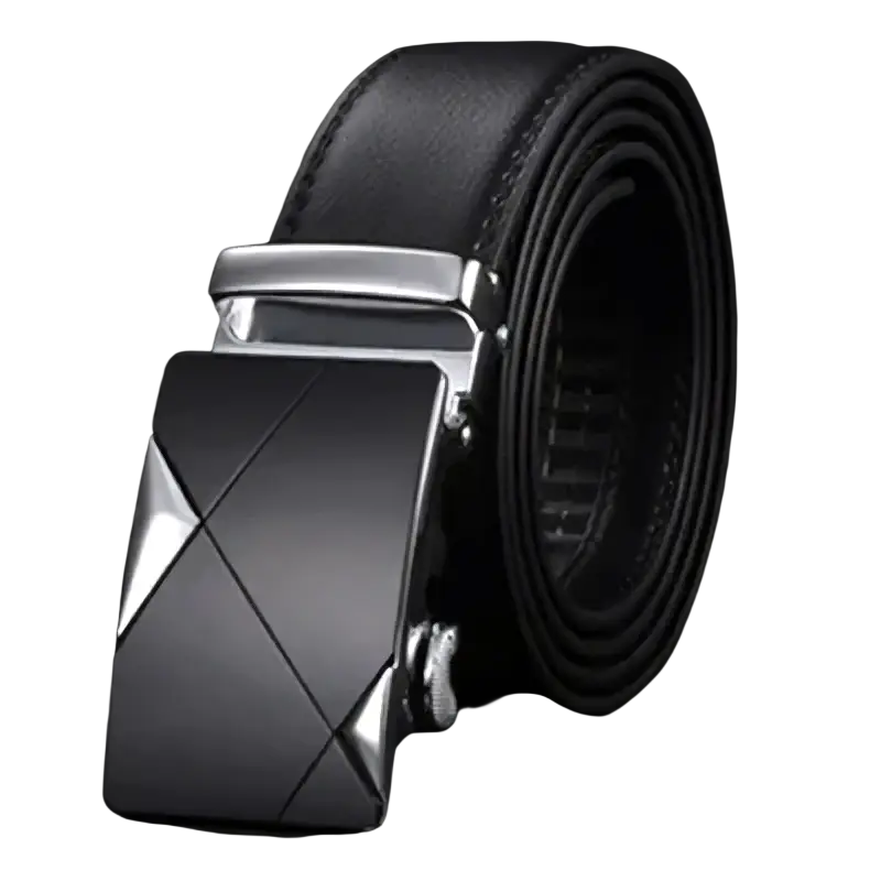 Jifanpaul mens genuine leather automatic buckle belt black with sleek geometrically patterned silver buckle