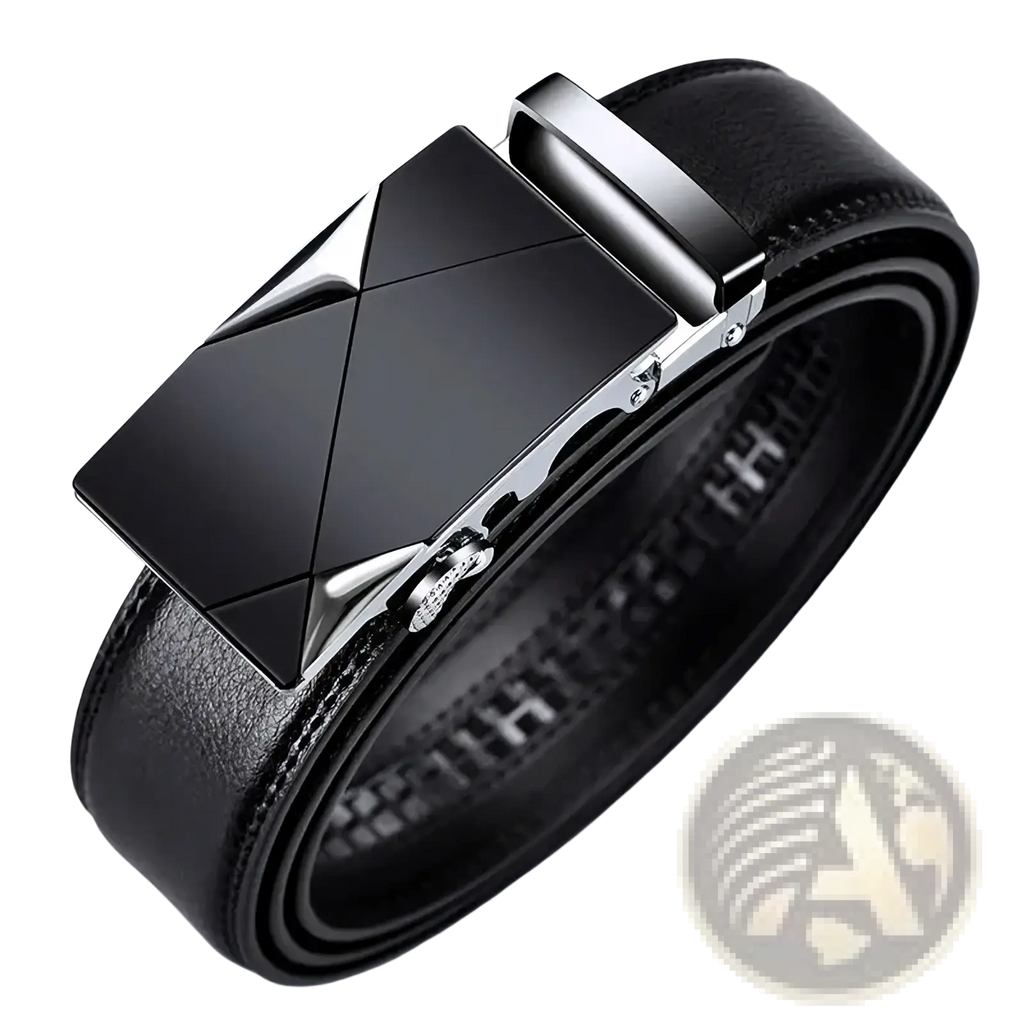 Jifanpaul mens genuine leather belt with black leather strap and black silver geometric automatic buckle