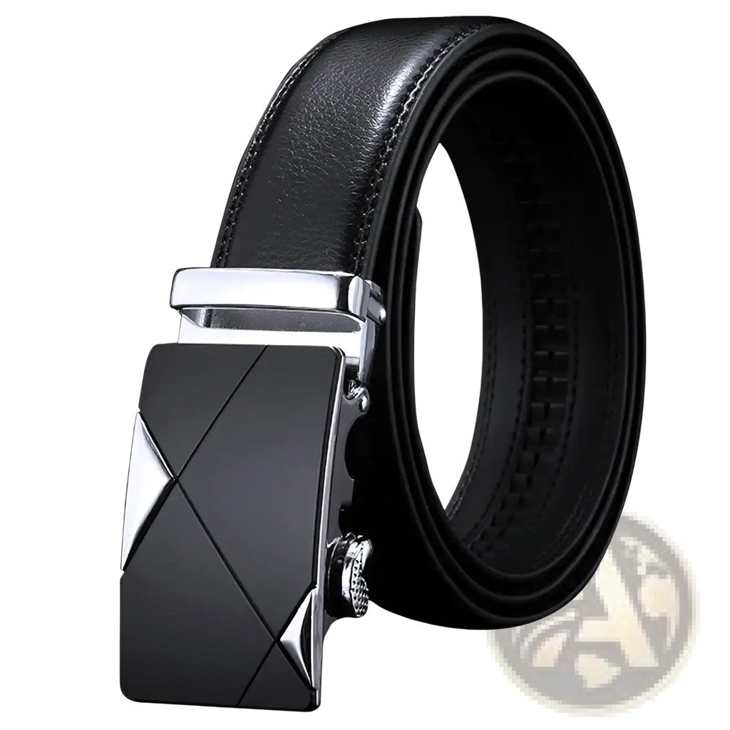 Jifanpaul mens genuine leather belt with black leather and a sleek geometric silver and black automatic buckle