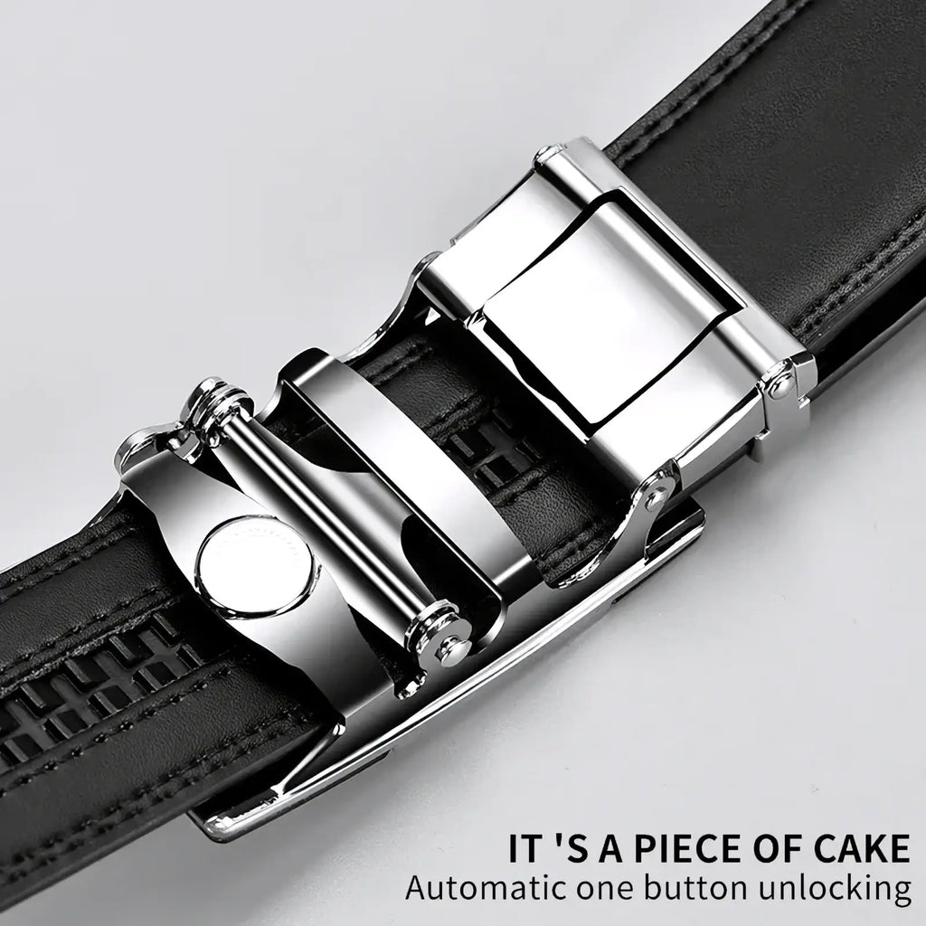 Jifanpaul mens genuine leather belt in black with a sleek silver-toned automatic one-button buckle