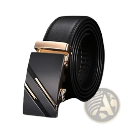 Jifanpaul mens genuine leather automatic buckle belt in black with a sleek modern buckle and gold-tone diagonal accents