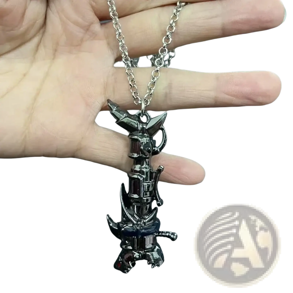 A black metallic jinx cannon anime keychain pendant shaped like a mechanical pikachu with red gemstone accents on a silver chain