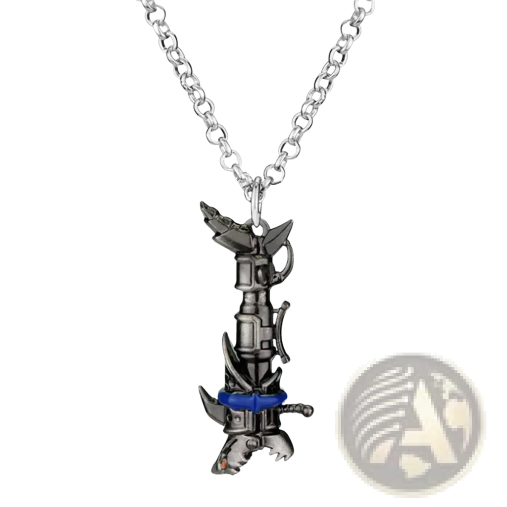 Silver metallic jinx cannon anime keychain pendant necklace with detailed stylized sword design and blue accents