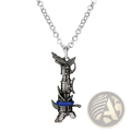 Silver metallic jinx cannon anime keychain pendant necklace with detailed stylized sword design and blue accents