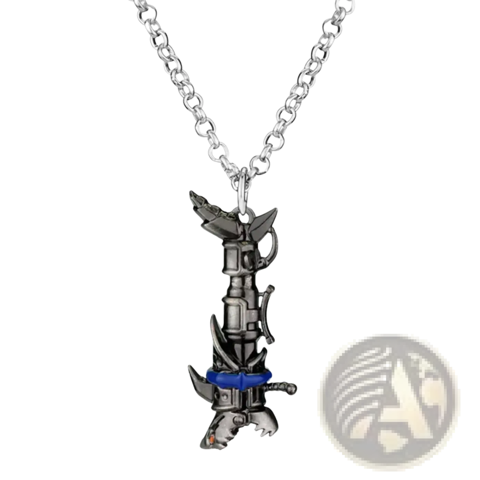 Silver metallic jinx cannon anime keychain pendant necklace with detailed stylized sword design and blue accents