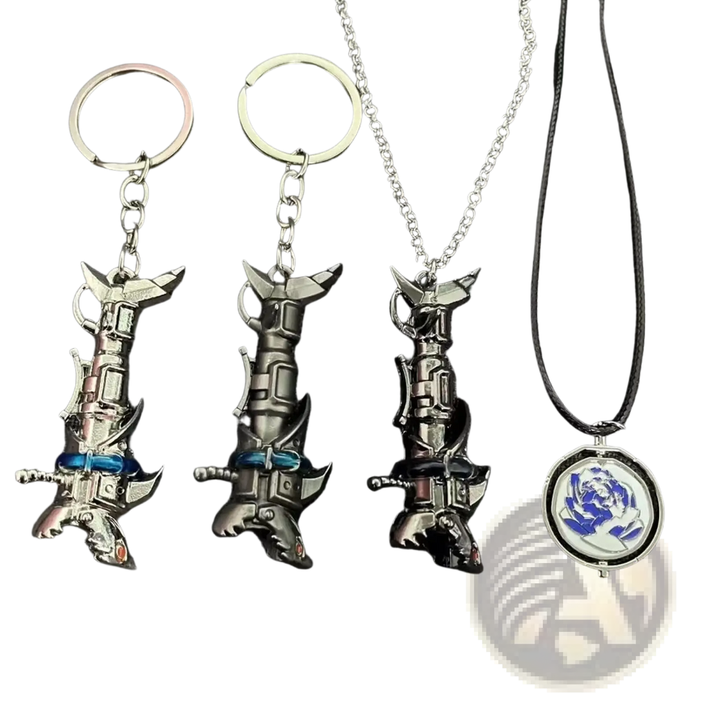 Silver and black metallic Jinx Cannon anime keychains with blue accents and a circular pendant featuring a blue rose