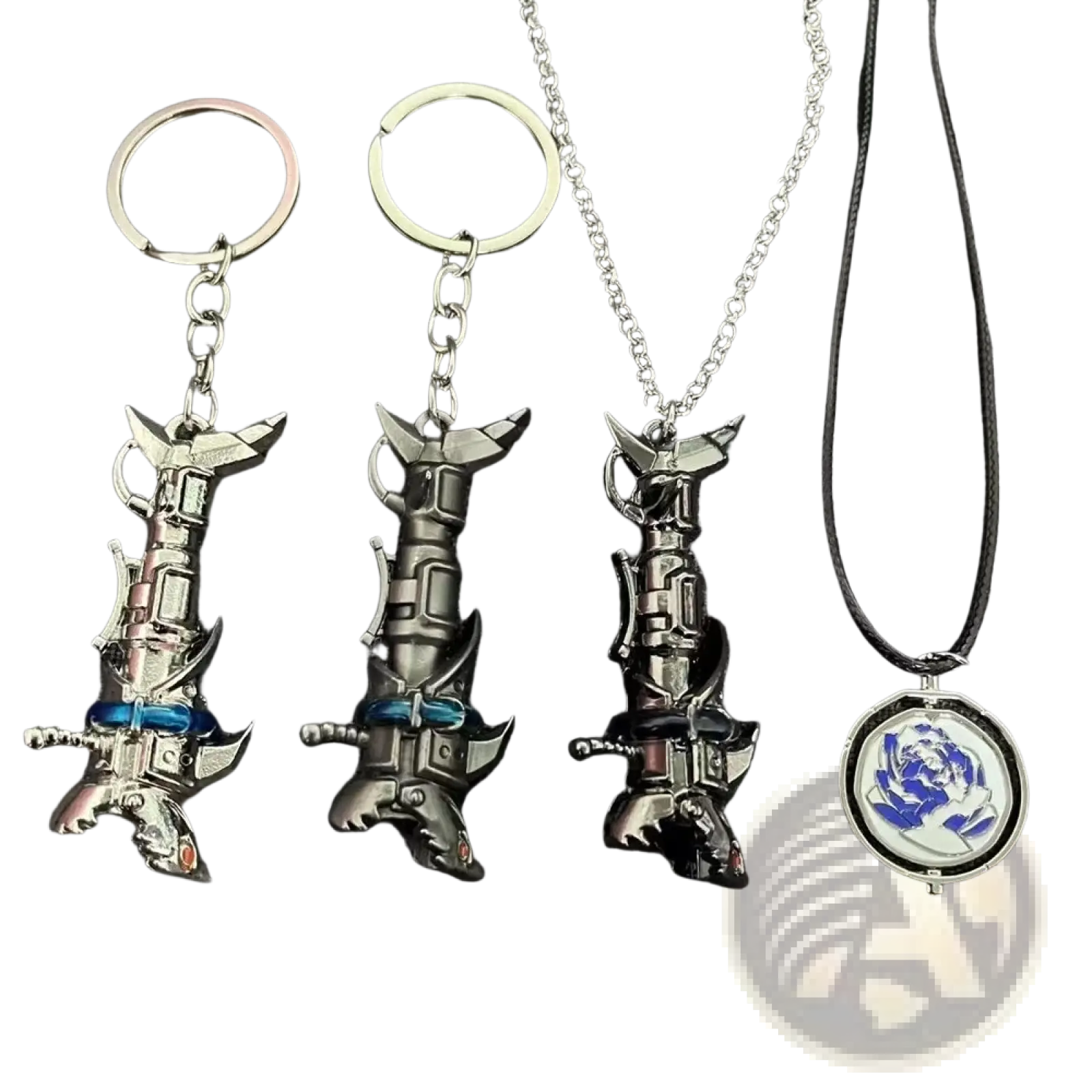 Silver and black metallic Jinx Cannon anime keychains with blue accents and a circular pendant featuring a blue rose