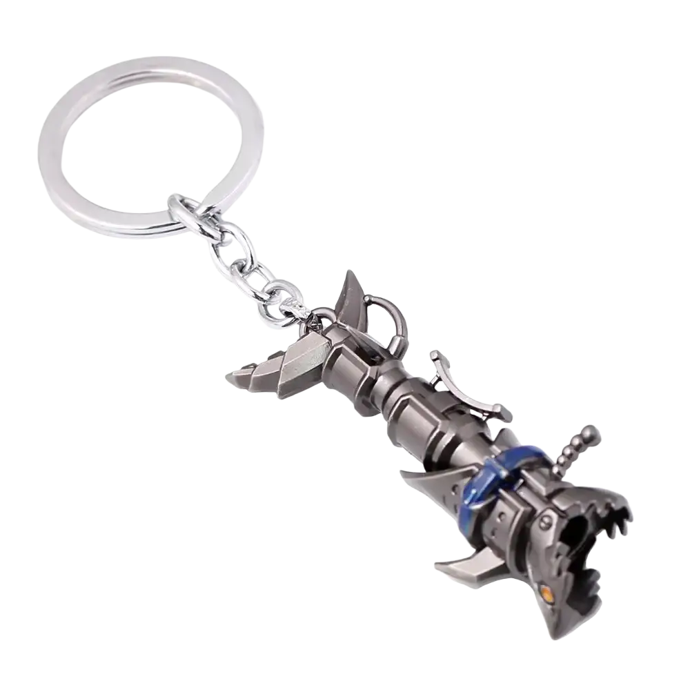 Silver and blue metallic robotic shark keychain with detailed mechanical fins and jaws for jinx cannon anime gaming pendant