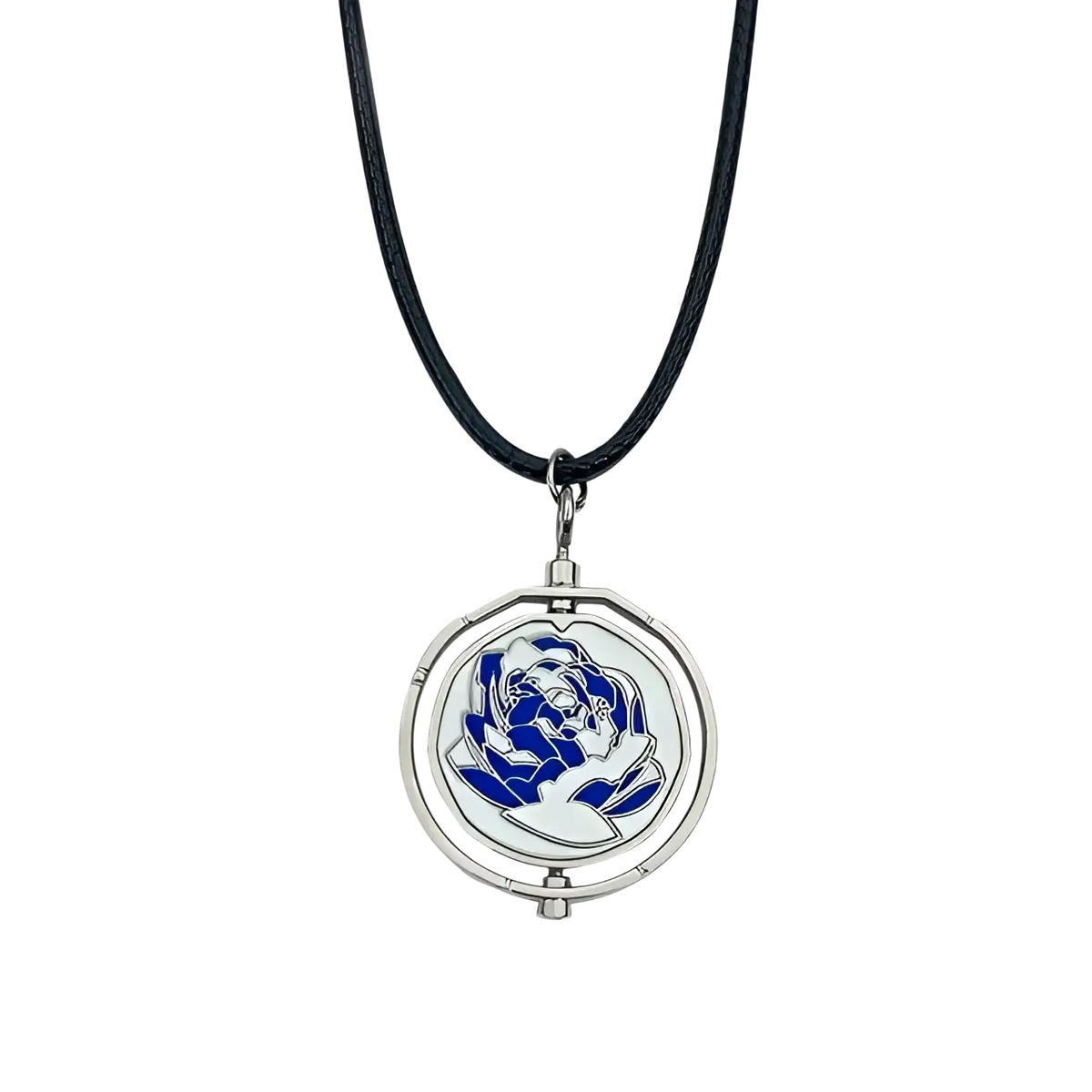 Silver circular metal pendant necklace with blue and white floral enamel design rotating disc jinx cannon anime keychain