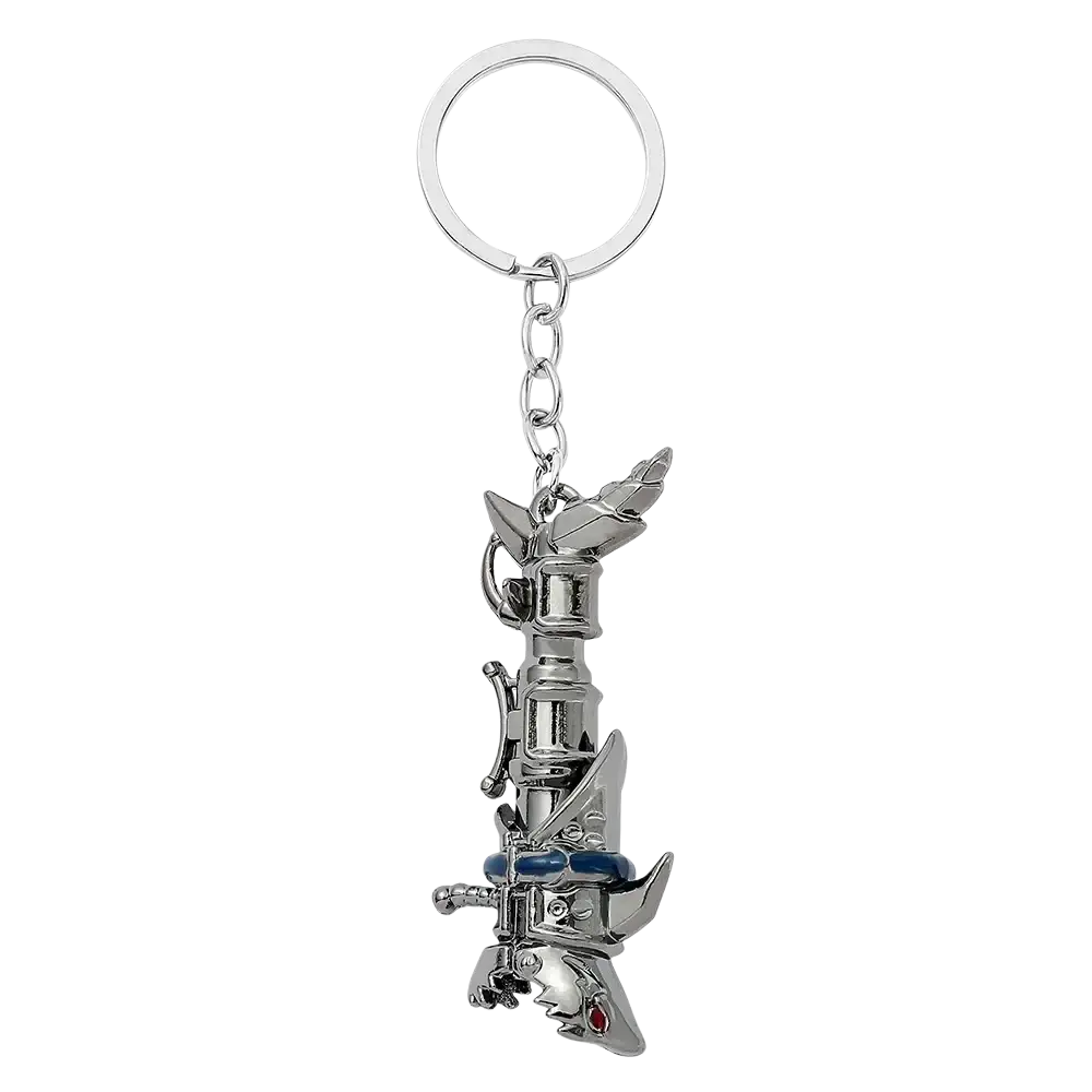 Silver metallic jinx cannon anime keychain featuring a detailed final fantasy vii buster sword miniature pendant