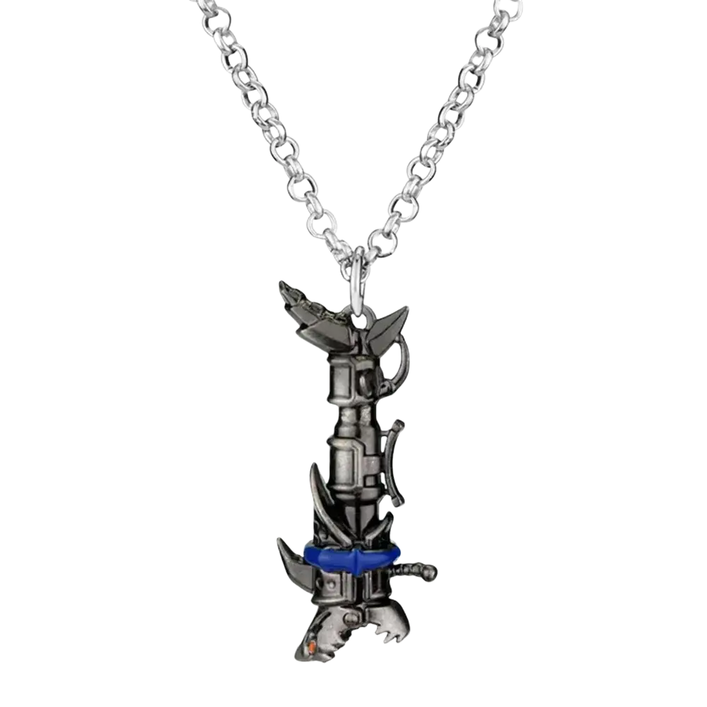 Silver metallic jinx cannon anime keychain pendant necklace with detailed stylized sword design and blue accents