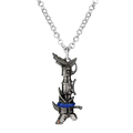 Silver metallic jinx cannon anime keychain pendant necklace with detailed stylized sword design and blue accents