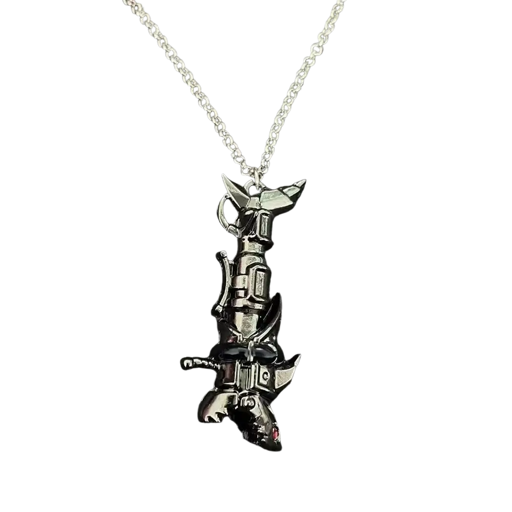 Silver-toned metal gaming pendant necklace featuring a detailed stylized robotic figure from Jinx Cannon anime keychain