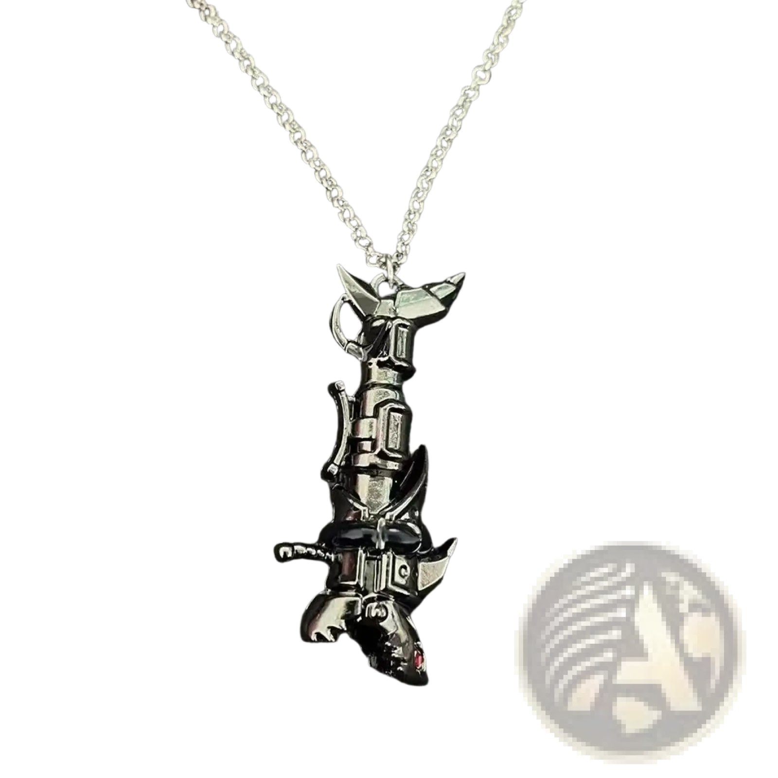 Silver-toned metal gaming pendant necklace featuring a detailed stylized robotic figure from Jinx Cannon anime keychain