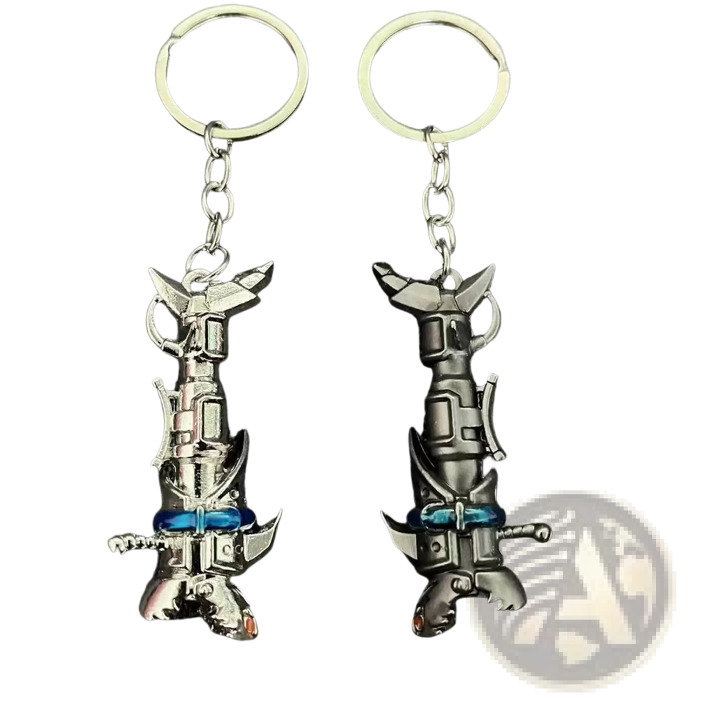 Two metallic jinx cannon anime keychains featuring detailed robotic figures with silver black and blue accents