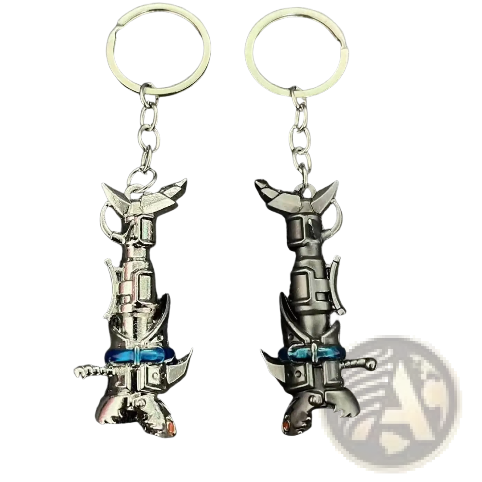 Two metallic jinx cannon anime keychains featuring detailed robotic figures with silver black and blue accents