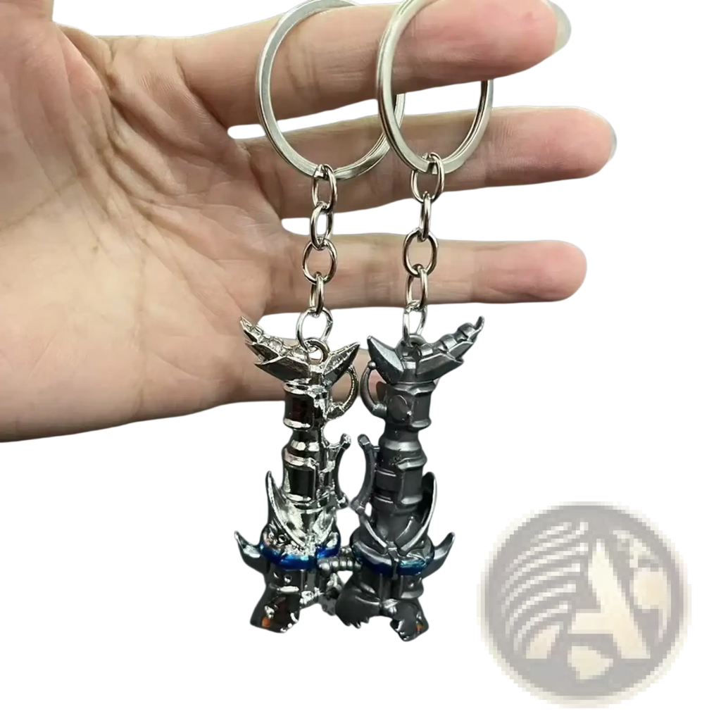 Two metallic jinx cannon anime keychains featuring detailed dark gray and silver robotic figures with blue accents