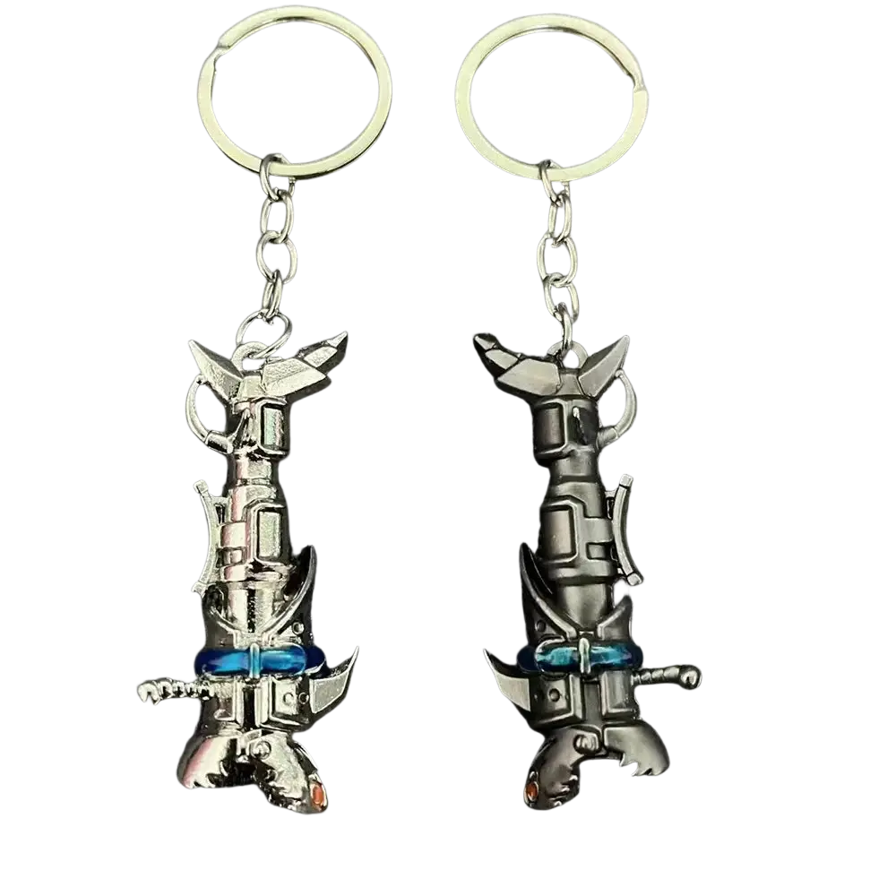 Two metallic jinx cannon anime keychains featuring detailed robotic figures with silver black and blue accents