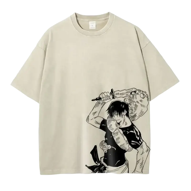 Beige oversized jujutsu kaisen finished goods t shirt with black-and-white anime sword character illustration