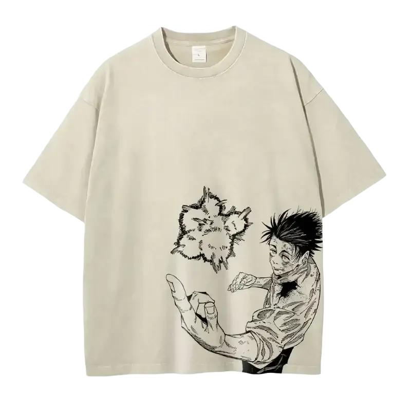 Beige oversized Jujutsu Kaisen finished goods t shirt with black-and-white anime illustration of spiky-haired character