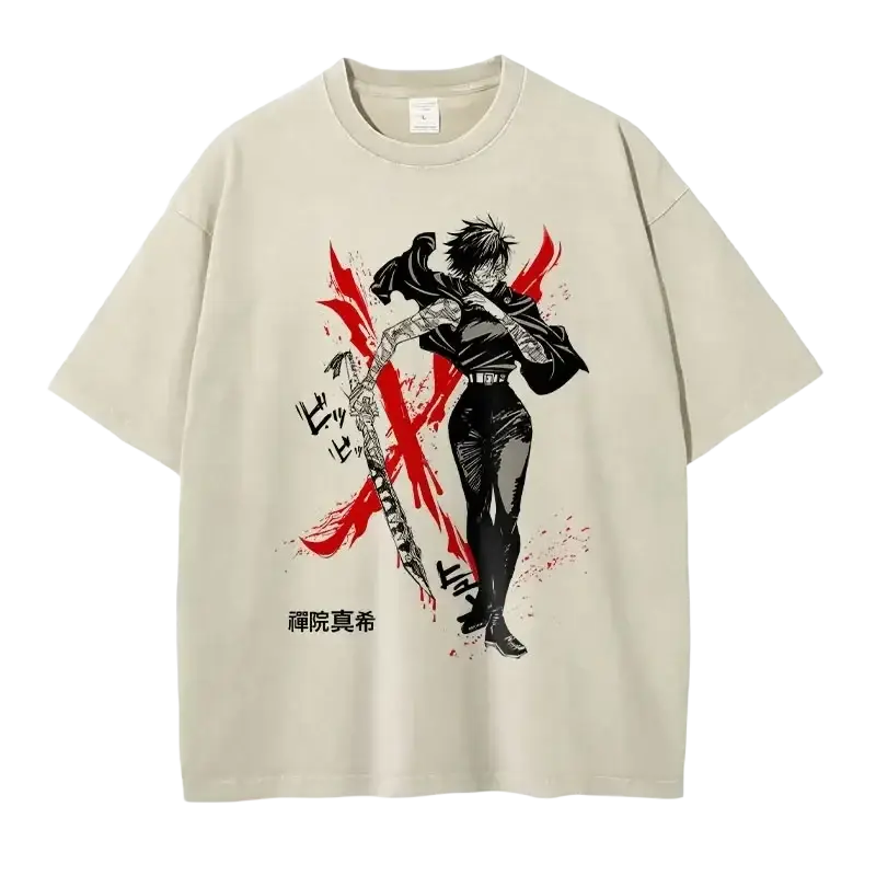 Beige oversized finished goods t shirt featuring bold black and red jujutsu kaisen anime graphic with japanese text