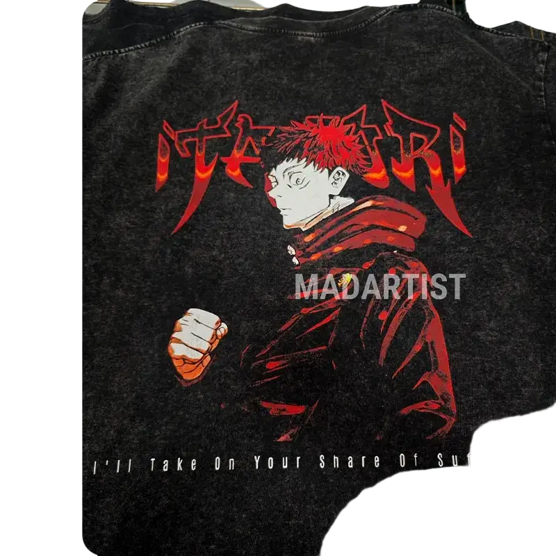 Black distressed cotton t shirt with bold red orange itadori graphic and stylized text from finished goods collection