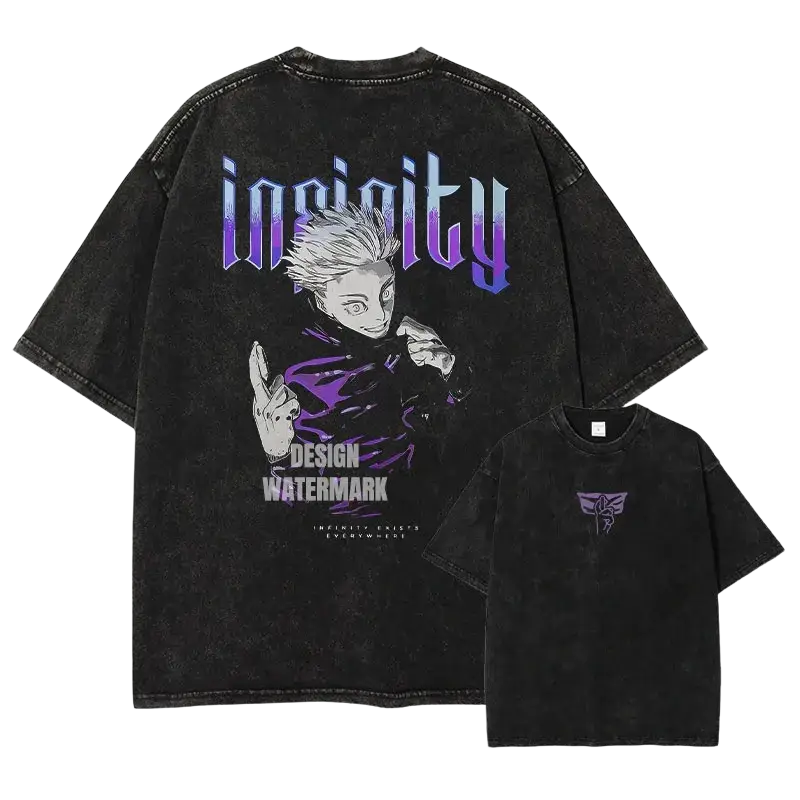 Black oversized finished goods t shirt with faded purple and white inori graphic and infinity text from jujutsu kaisen