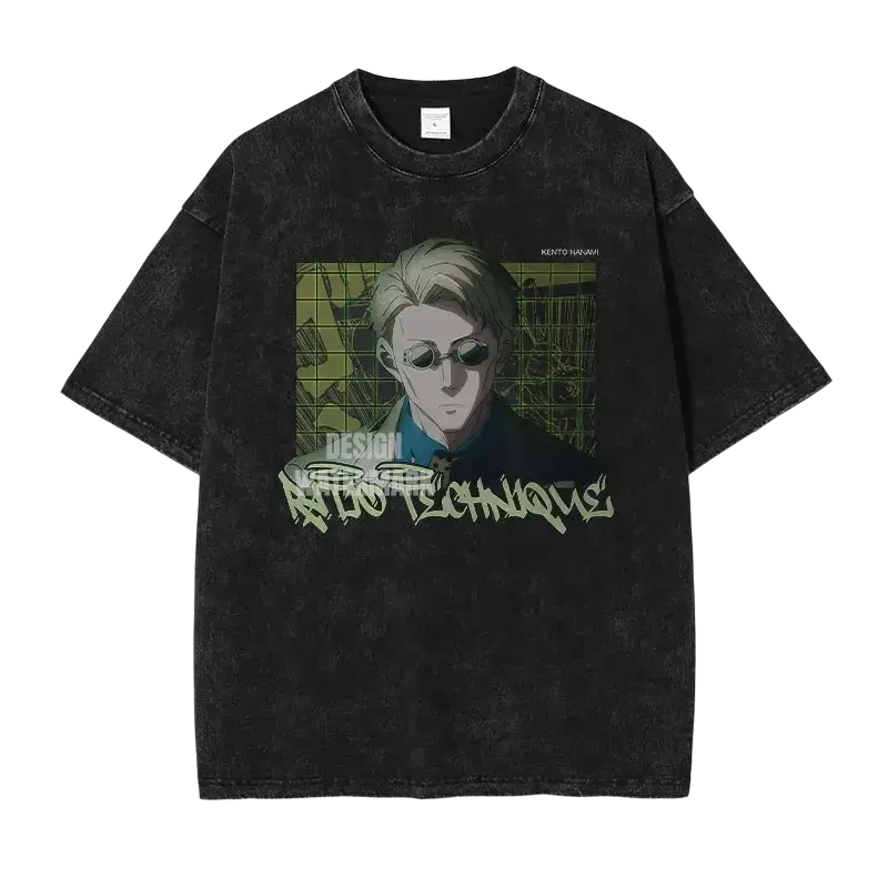 Black distressed cotton t shirt with blonde anime character graphic and white text finished goods jujutsu kaisen design