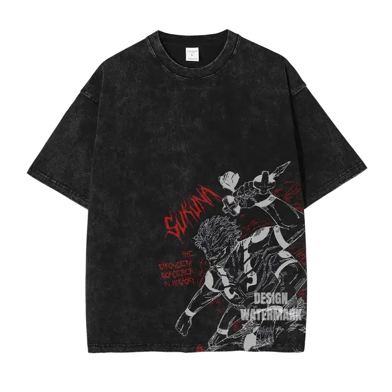 Black distressed cotton t shirt featuring sukuna graphic in red and white ink vintage washed finished goods design