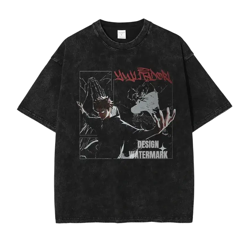 Black distressed cotton t shirt featuring jujutsu kaisen anime graphic and red text from finished goods collection