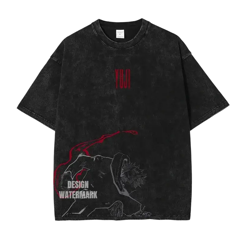 Black distressed cotton jujutsu kaisen vintage washed anime t shirt featuring red and white yuji graphic finished goods