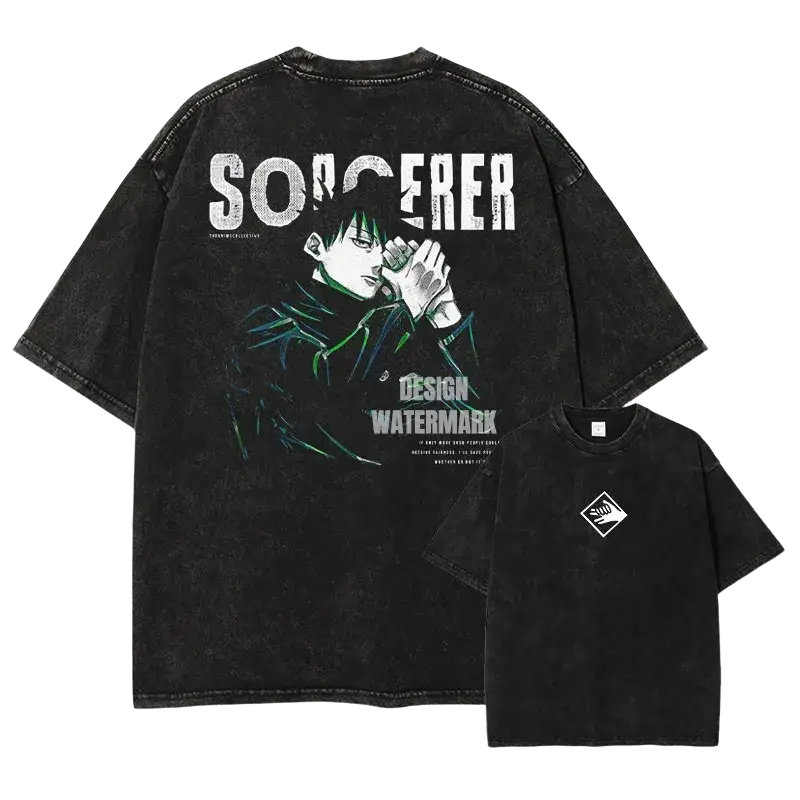 Black oversized Jujutsu Kaisen vintage washed anime t shirt with faded graphic and sorcerer text finished goods design
