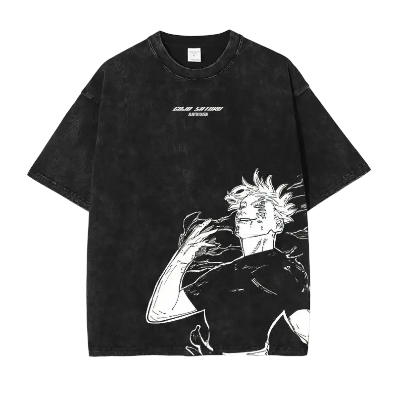 Black distressed cotton t-shirt featuring white line-art gojo satoru graphic from jujutsu kaisen finished goods