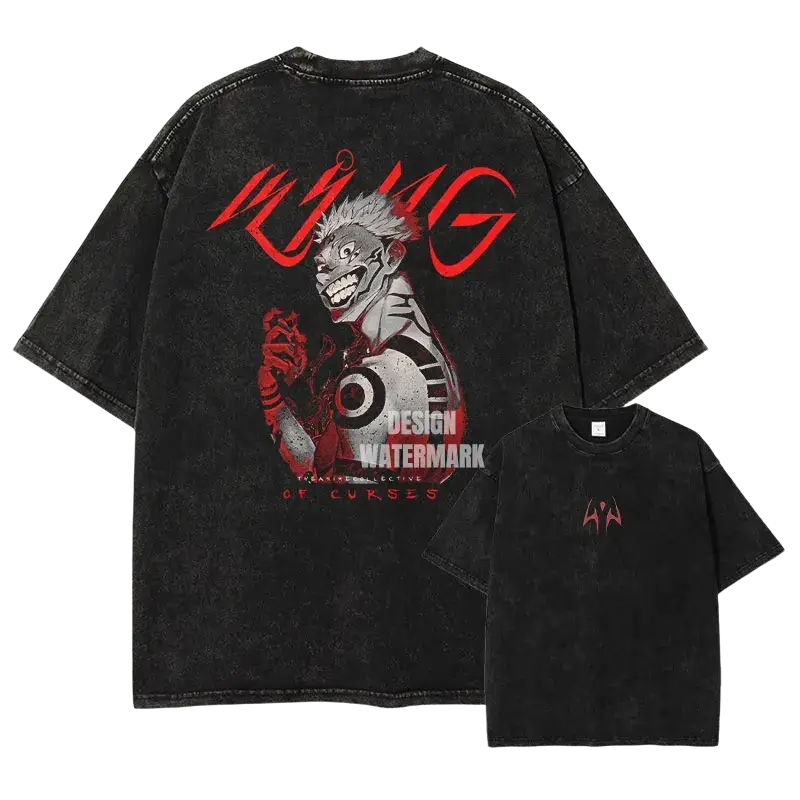 Black oversized Jujutsu Kaisen vintage washed anime t shirt featuring distressed graphic and red lettering finished goods