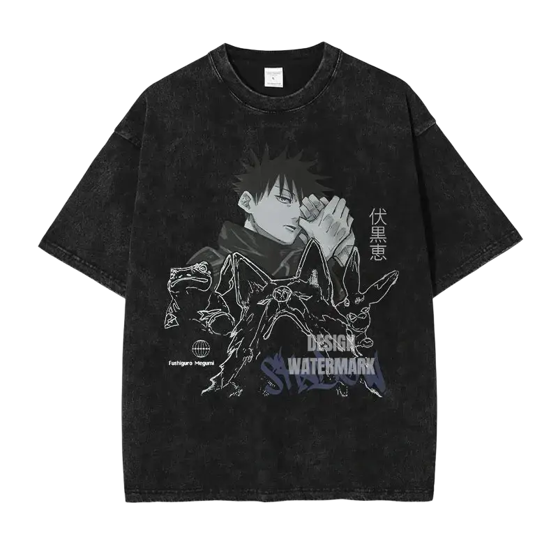 Black distressed cotton jujutsu kaisen vintage washed anime t shirt featuring fushiguro megumi finished goods design