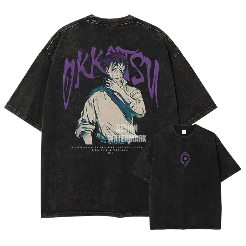 Back of black oversized jujutsu kaisen finished goods t shirt with faded purple teal anime graphic and okkatsu lettering
