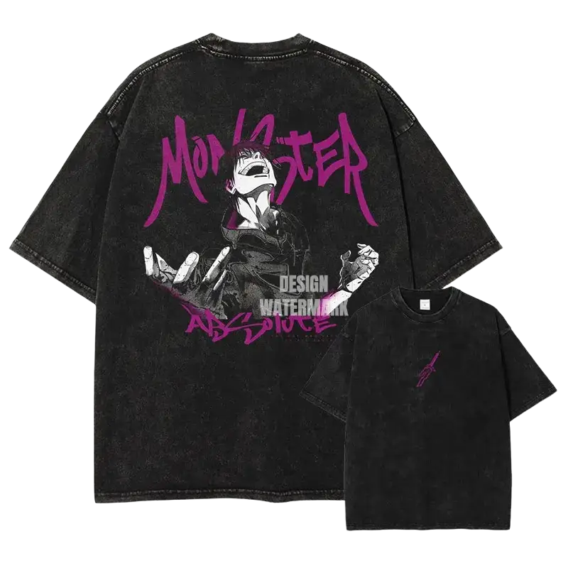 Back of black oversized jujutsu kaisen vintage washed anime t shirt with distressed monster graphic finished goods