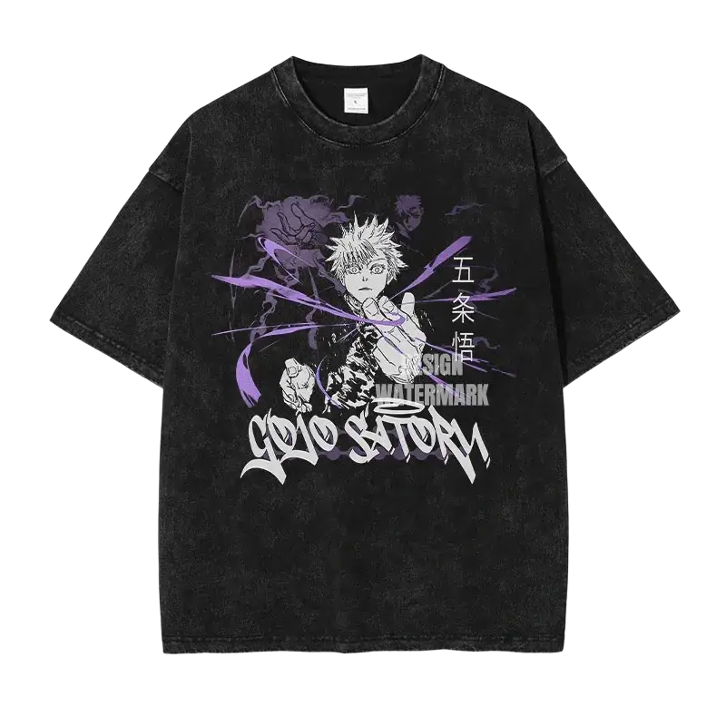 Black distressed cotton t shirt featuring vibrant purple and white gojo satoru graphic from Jujutsu Kaisen finished goods
