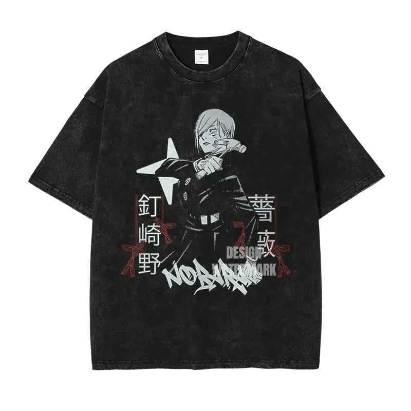 Black distressed cotton t shirt featuring a white hair anime character graphic and japanese text finished goods design