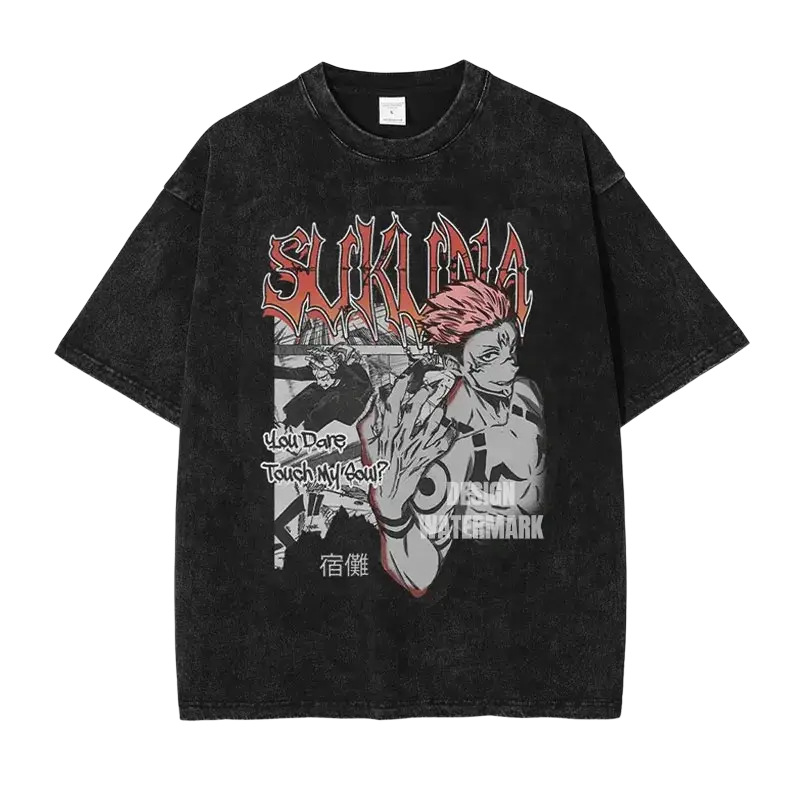 Black distressed cotton t-shirt featuring sukuna graphic with red hair and stylized text from finished goods collection