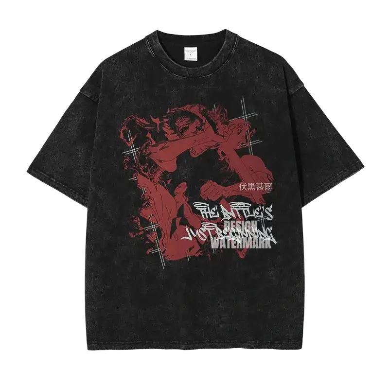 Black distressed cotton jujutsu kaisen vintage washed anime t shirt with red combat graphic and white text finished goods design