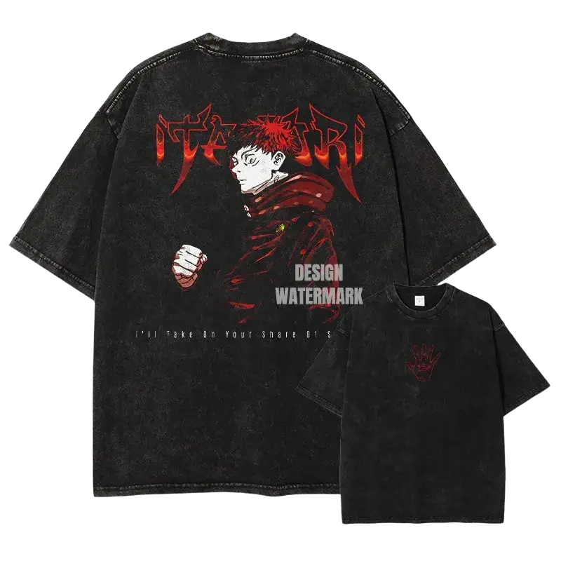 Black oversized jujutsu kaisen vintage washed anime t shirt featuring red and white graphic with itazuri text finished goods